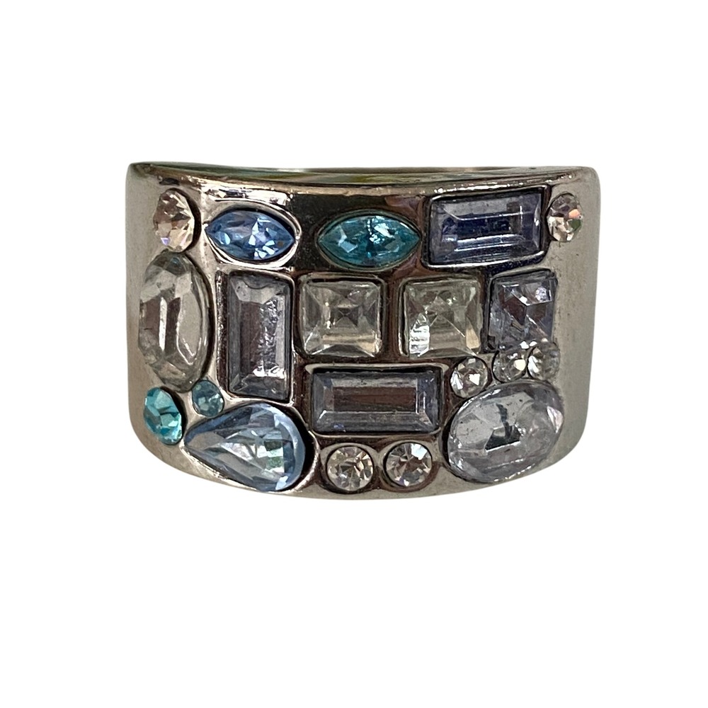 Guess Sz 7.5 Silver Tone Statement Ring w/ Blue & Clear Rhinestones